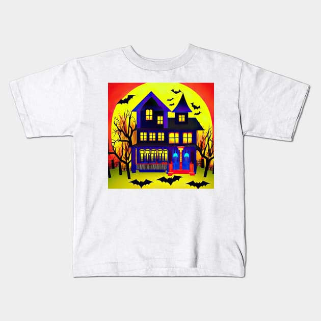 Spooky Blue Haunted Mansion With Bats and Full Moon Colorful Illustration Kids T-Shirt by SubtleSplit